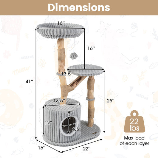 Solid Wood Cat Tree 41 Inch with Real Branches & Scratching Posts and Cozy Bed-Beige