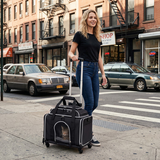 Foldable Pet Carrier with Wheels Airline Approved Rolling Cat and Dog Carrier-Black