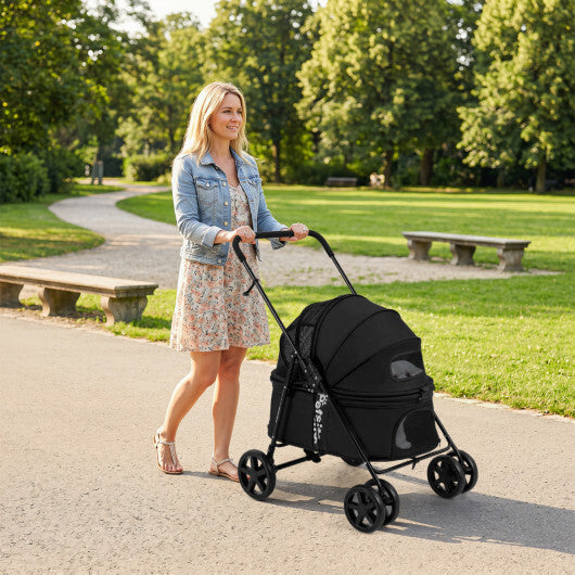 Pet Stroller for Small Medium Dogs Foldable with One-Step Rear Brake and Canopy-Black