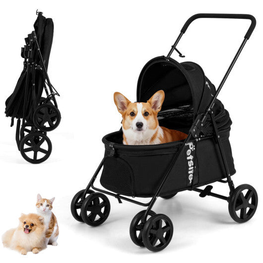 Pet Stroller for Small Medium Dogs Foldable with One-Step Rear Brake and Canopy-Black