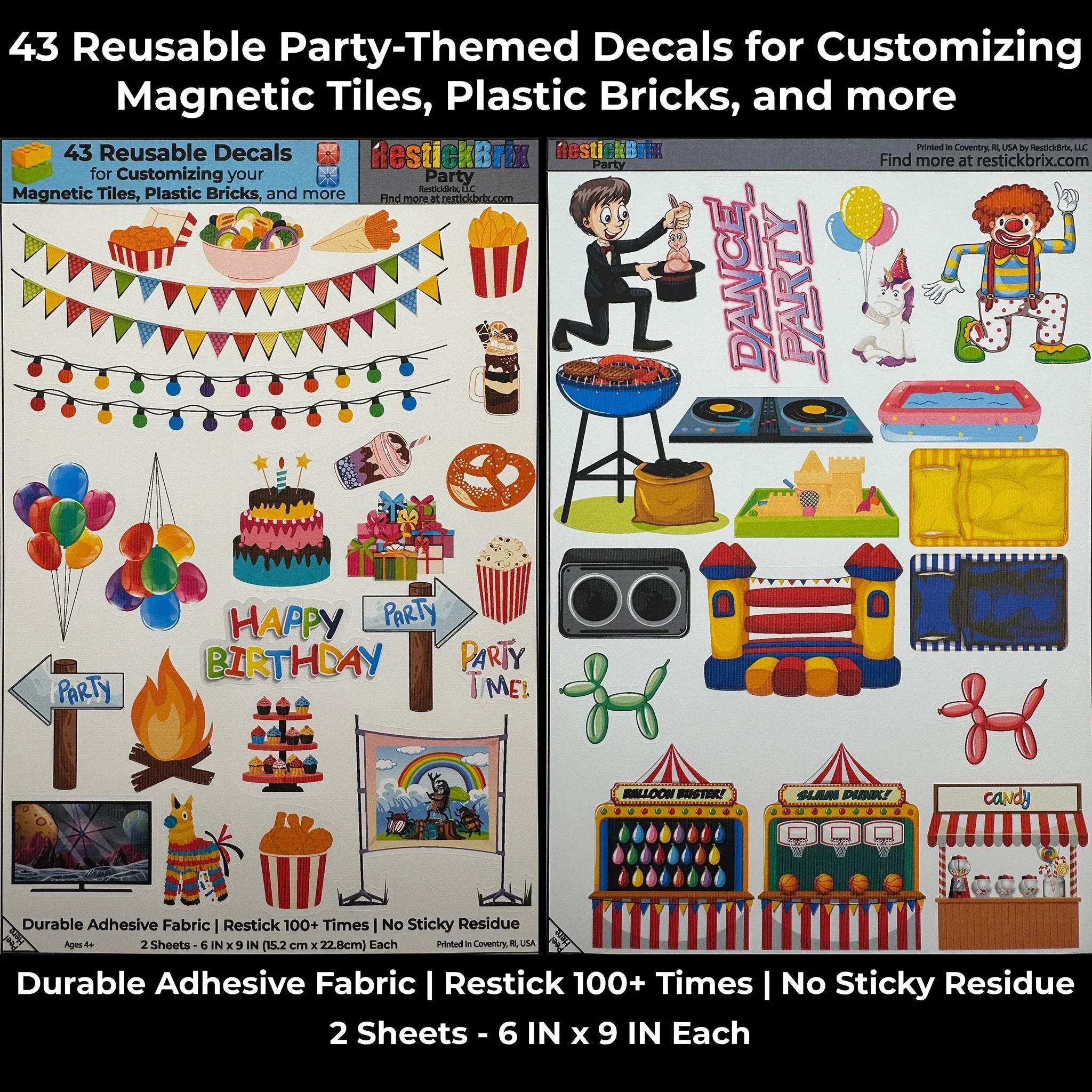Party: Reusable Decals for Customizing Magnetic Tiles, Plastic Bricks, and more - BIG FRENCHIES
