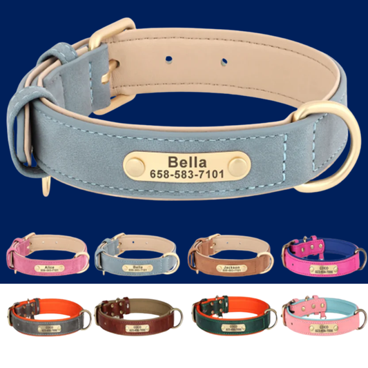 Personalized PU Leather Dog Collar with Custom Engraved ID Tag - BIG FRENCHIES