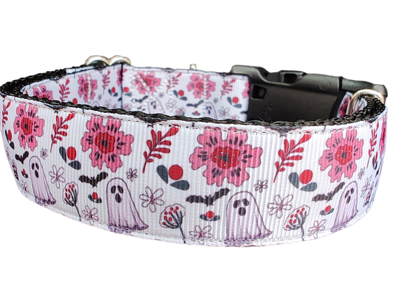 Halloween Floral Ghost Nylon Dog Collar-Dog Collar / Leash-BIG FRENCHIES-Doot's Pet LLC Collars For A Cause
