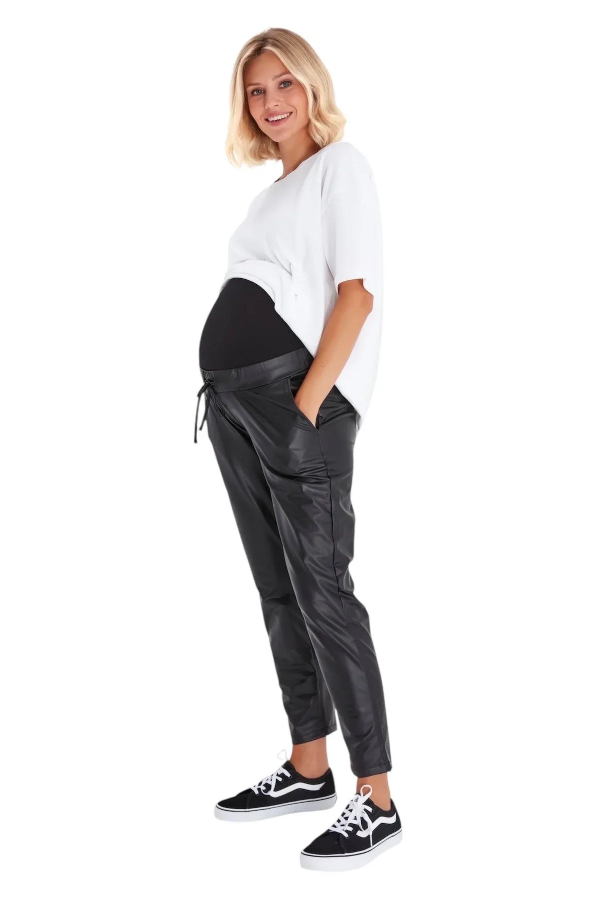 Comfy Cool Foldover Waistband Faux Leather Maternity Jogger Pants - BIG FRENCHIES