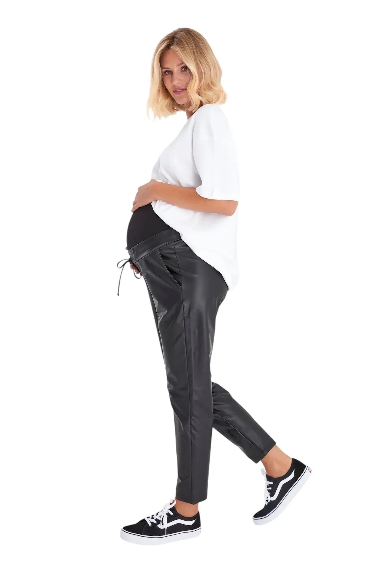 Comfy Cool Foldover Waistband Faux Leather Maternity Jogger Pants - BIG FRENCHIES