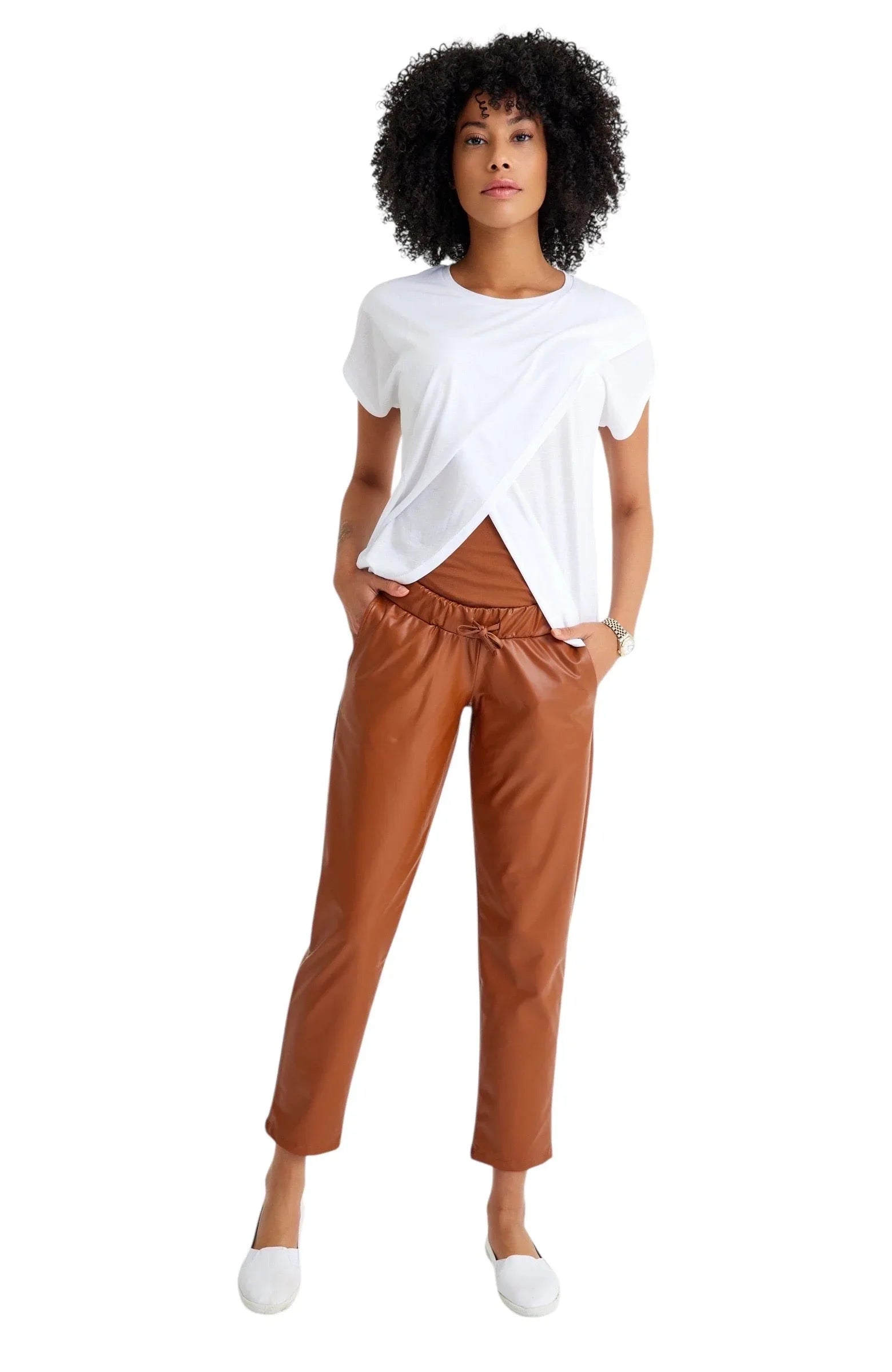 Comfy Cool Foldover Waistband Faux Leather Maternity Jogger Pants - BIG FRENCHIES