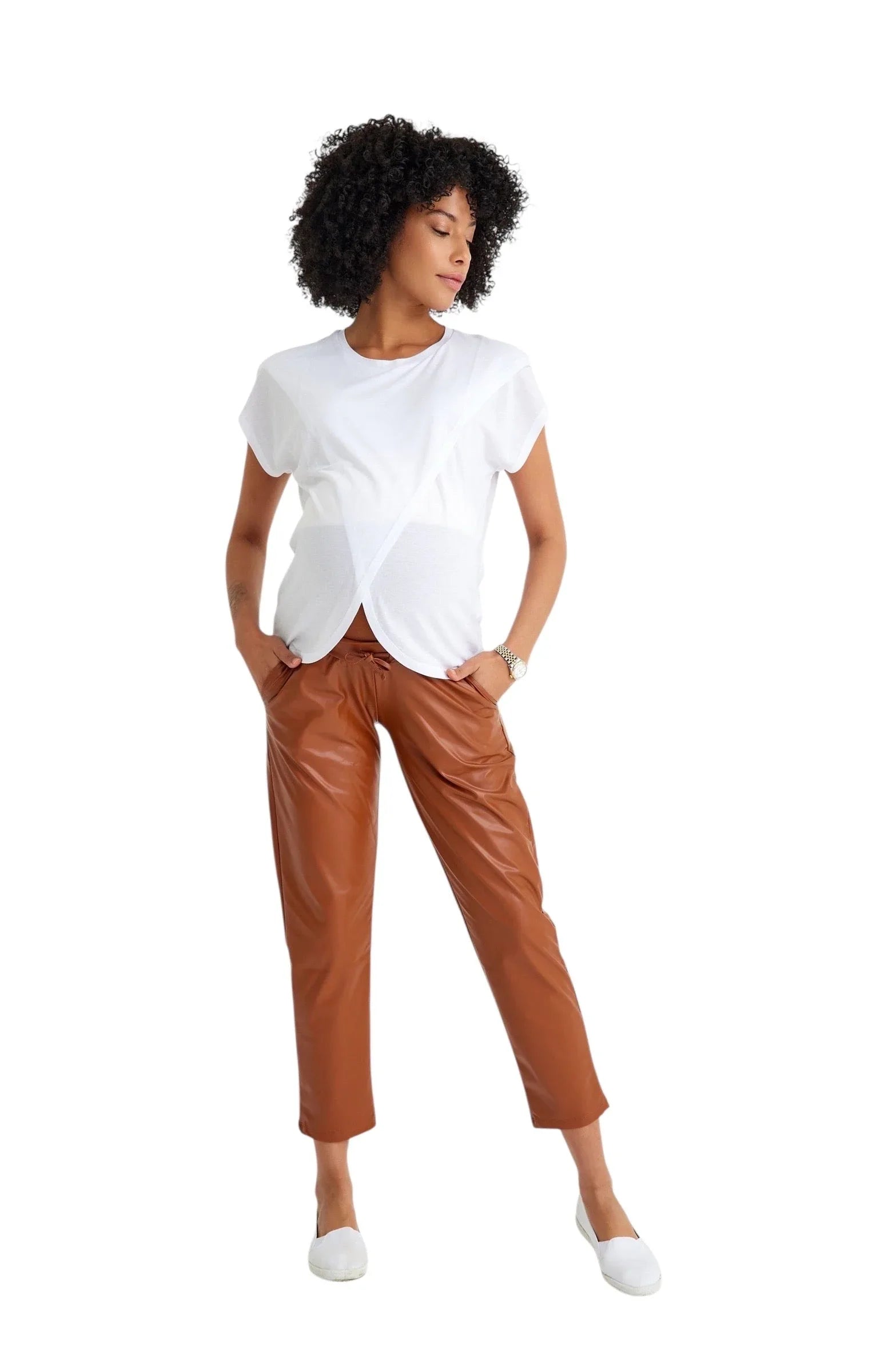 Comfy Cool Foldover Waistband Faux Leather Maternity Jogger Pants - BIG FRENCHIES