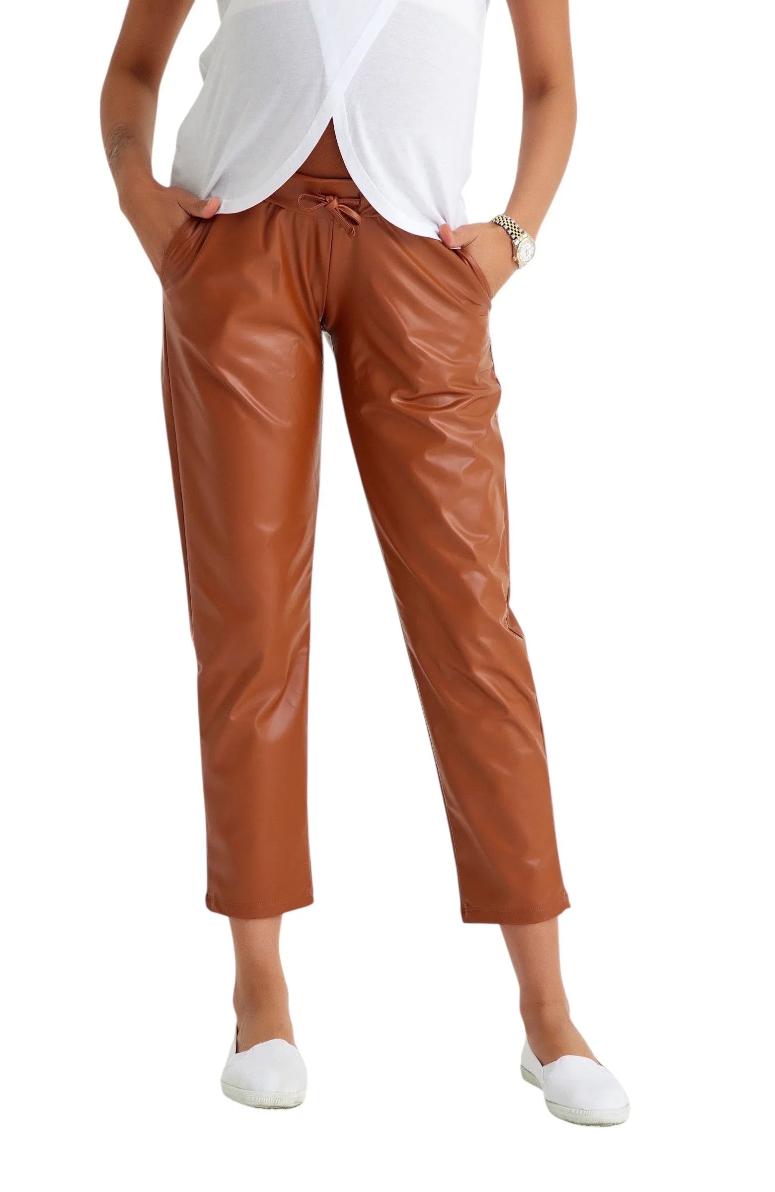 Comfy Cool Foldover Waistband Faux Leather Maternity Jogger Pants - BIG FRENCHIES