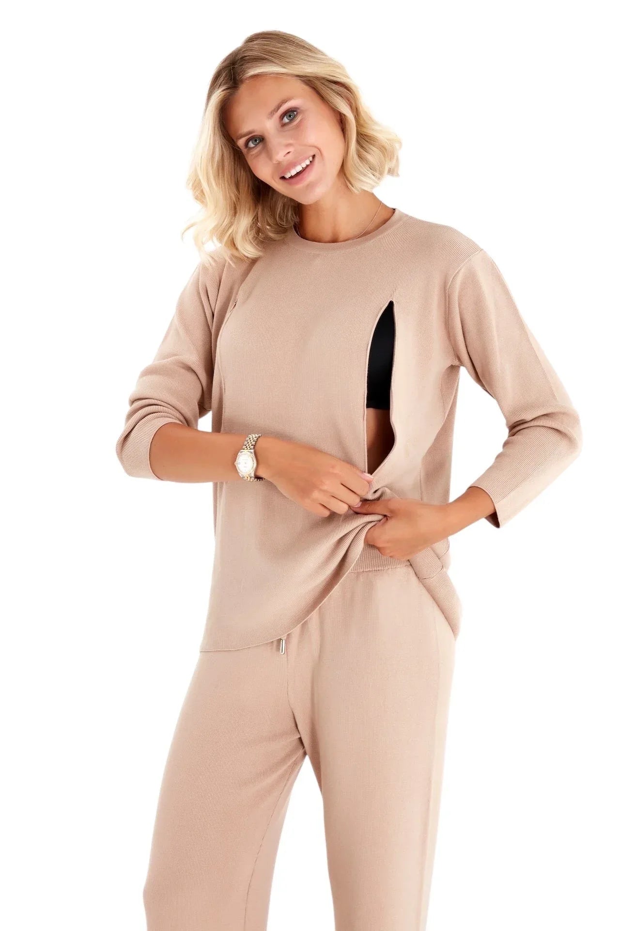Effortless Elegance Set with Rib Side Zip Long Sleeve Maternity/Nursing Top & Lounge Pants - BIG FRENCHIES