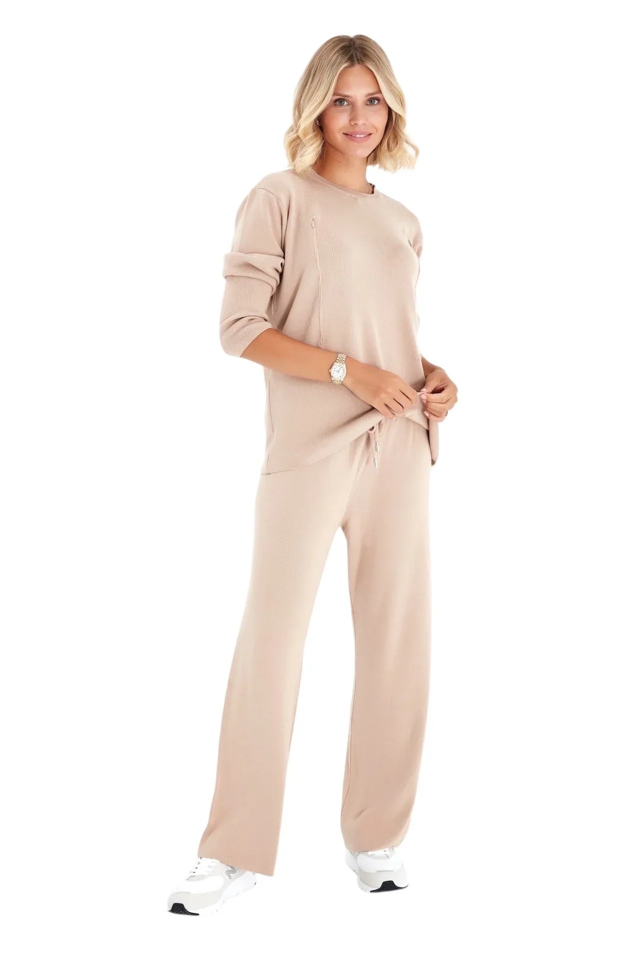 Effortless Elegance Set with Rib Side Zip Long Sleeve Maternity/Nursing Top & Lounge Pants - BIG FRENCHIES
