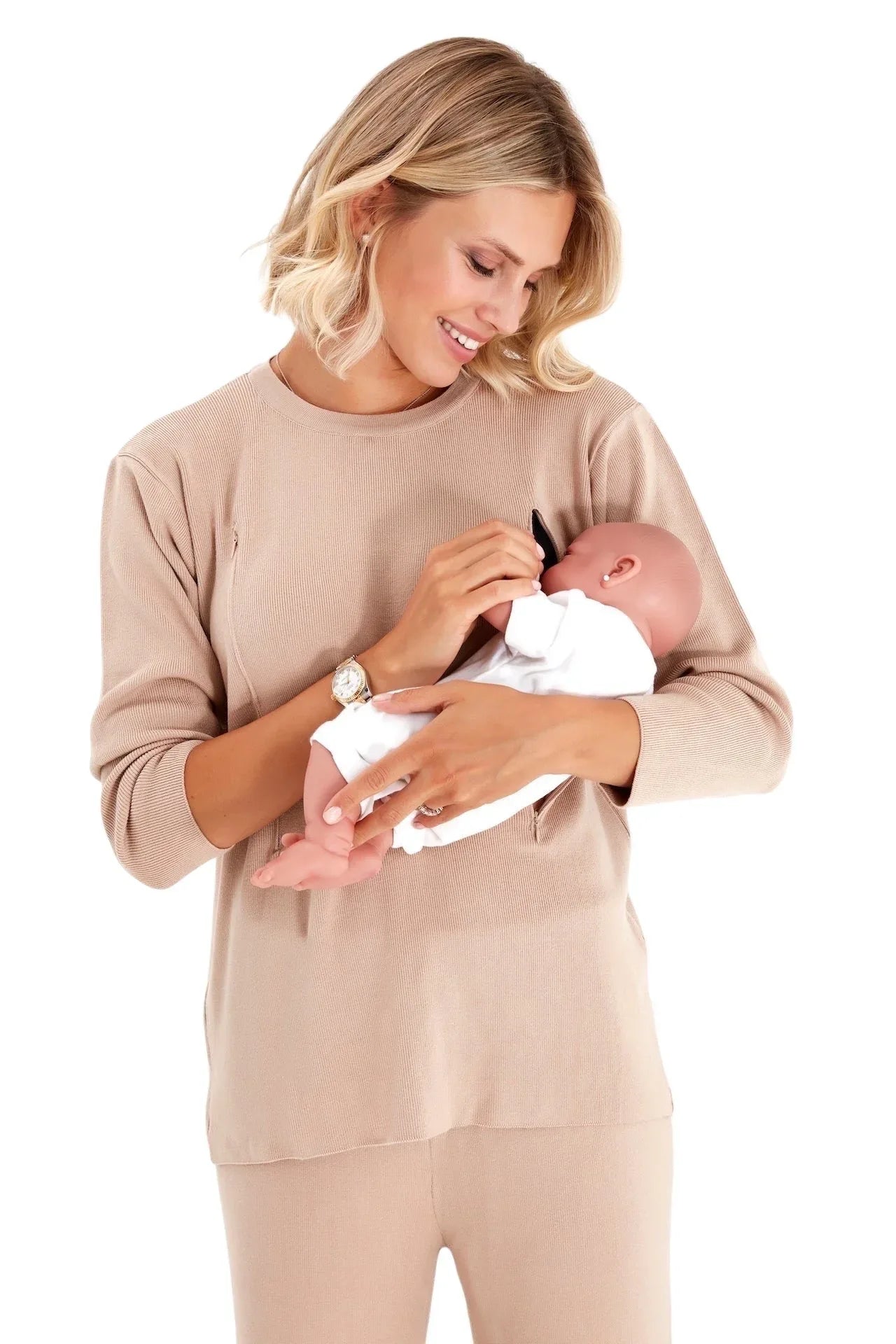 Effortless Elegance Set with Rib Side Zip Long Sleeve Maternity/Nursing Top & Lounge Pants - BIG FRENCHIES