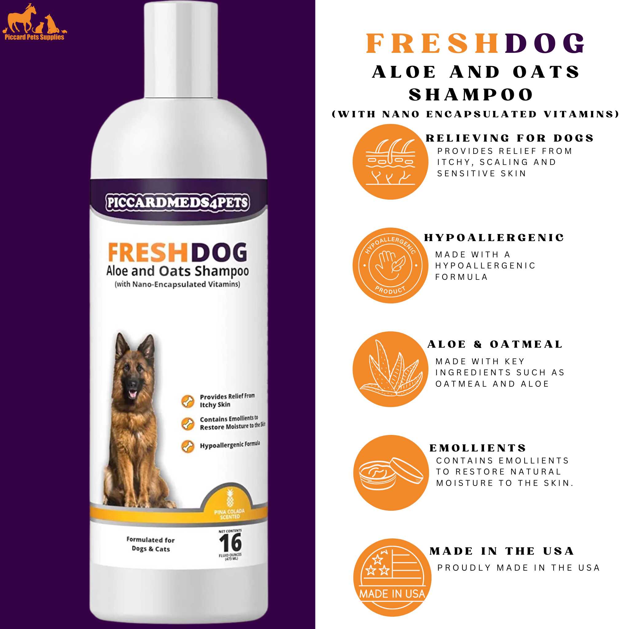 Piccardmeds4pets Fresh Dog Aloe and Oats Shinny Coat Shampoo 16 oz. + FREE Bandana!
