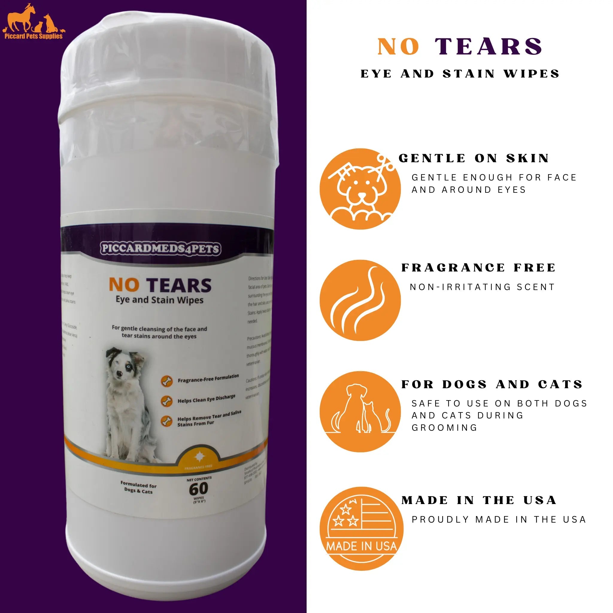 Piccardmeds4pets No More Tears Eye and Stain Wipes for Pets 60CT + FREE Bandana!