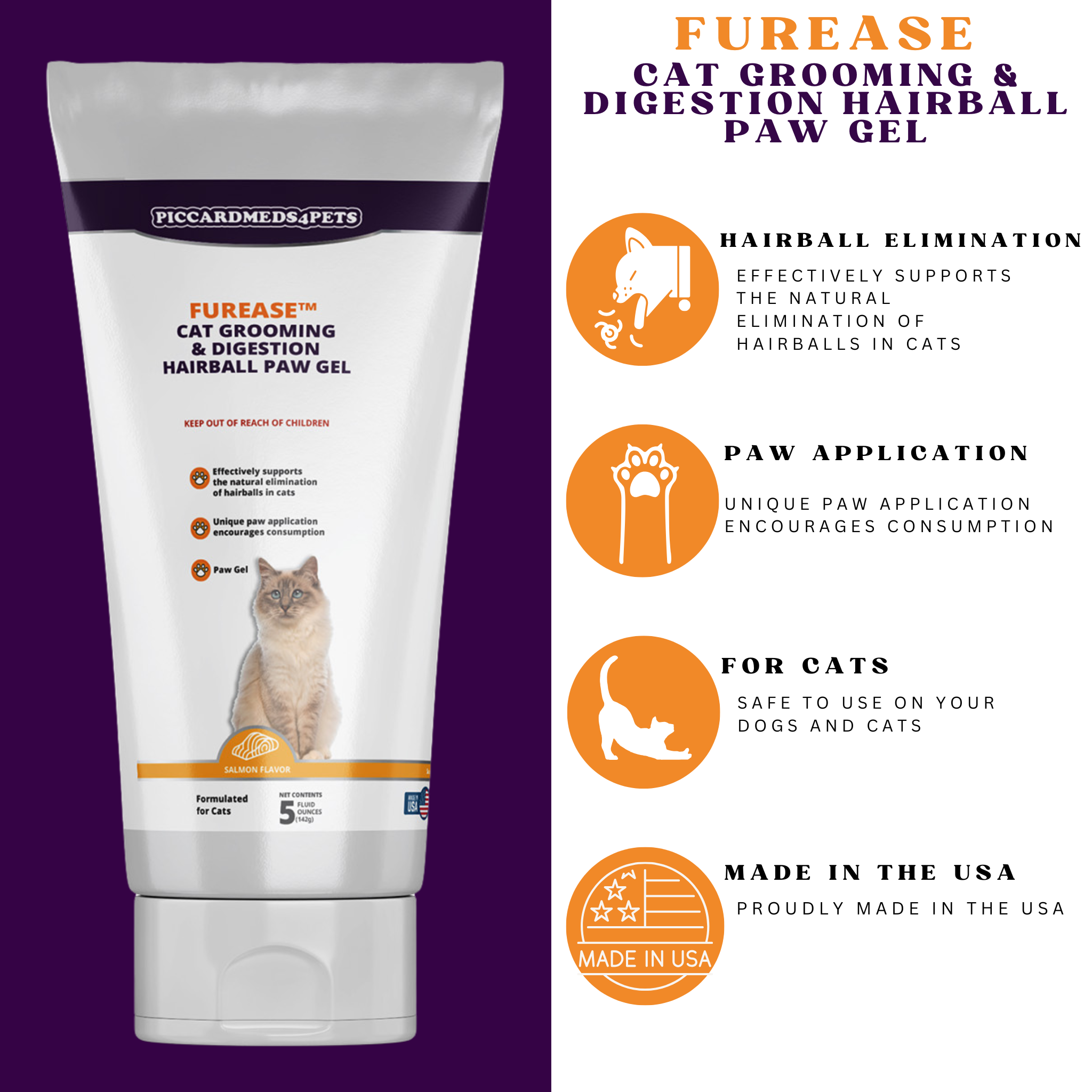 Piccardmeds4pets FurEase Cat Grooming & Digestion Hairball Paw Gel 5 oz.