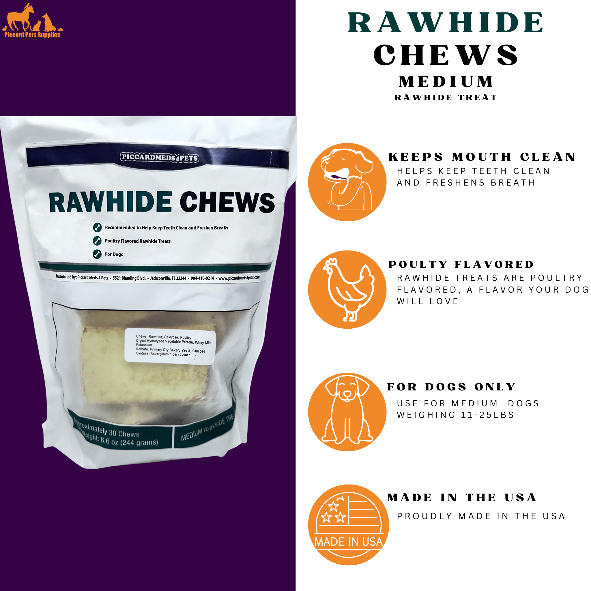 Piccardmeds4pets Rawhide Dental Chews for Medium Dogs 11-25lbs Poultry Flavor + FREE Bandana!