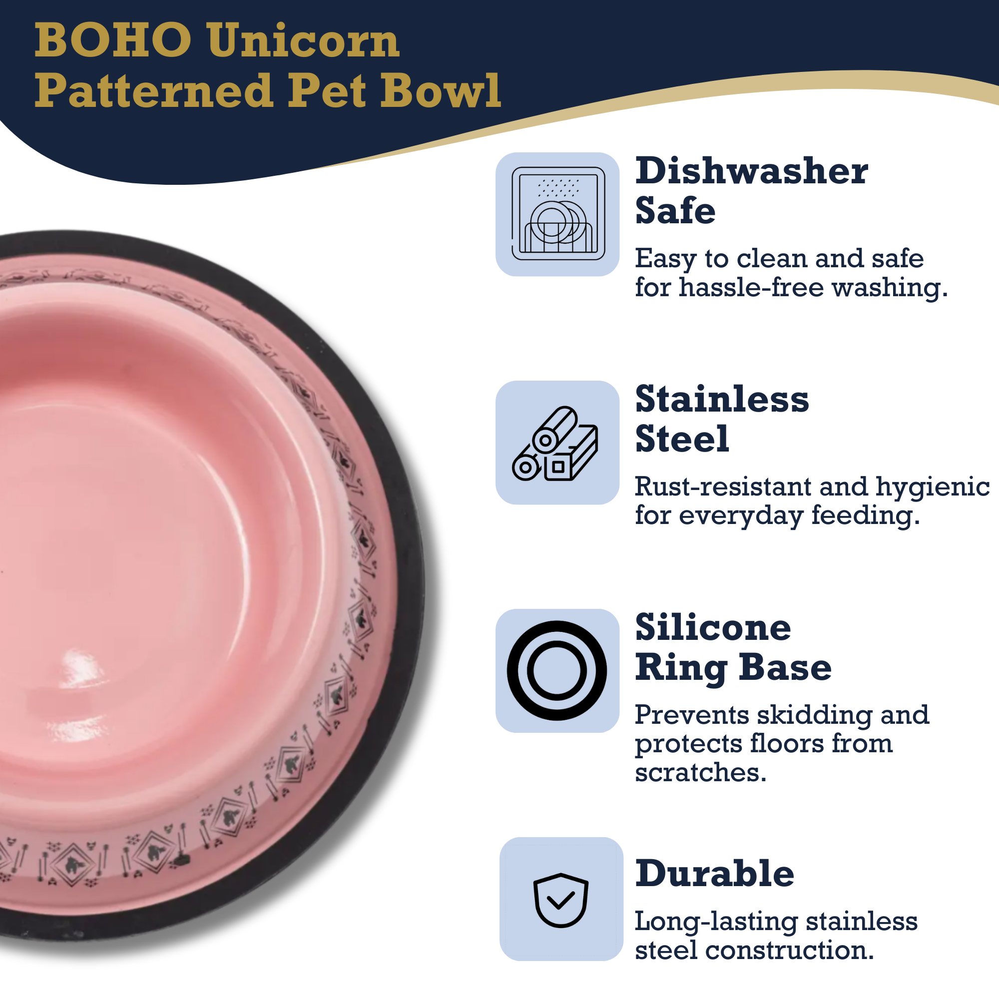Non-Skid Boho Stainless Steel Dog Bowl – with Whimsical Unicorn Design, Silicone Base for Medium Dogs – 24oz - BIG FRENCHIES