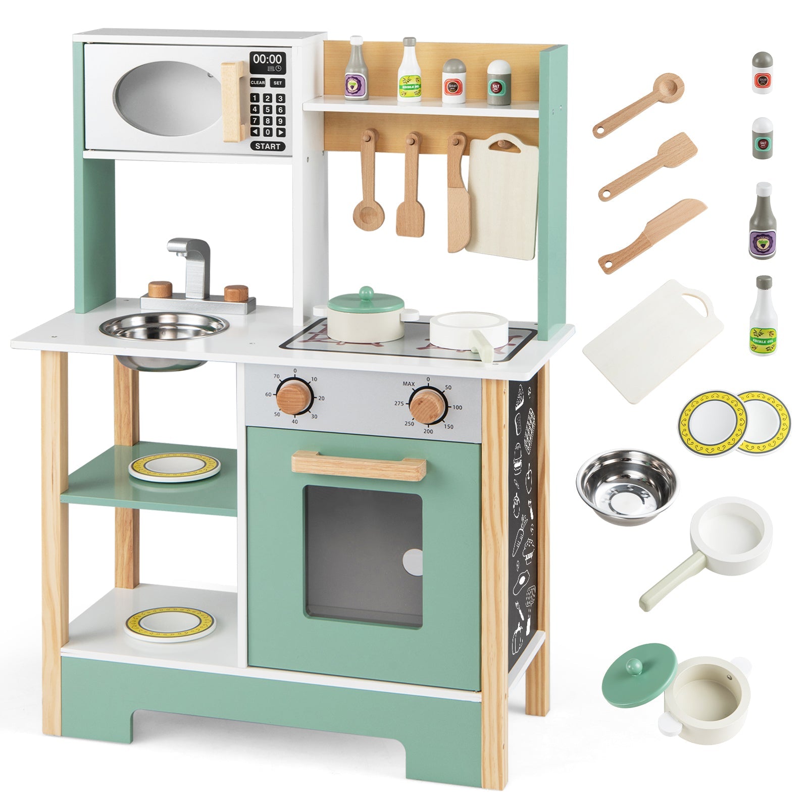 Play Kitchen Wooden Toy Kitchen Playset with Chalkboard Birthday Gift for Kids Aged 3 +