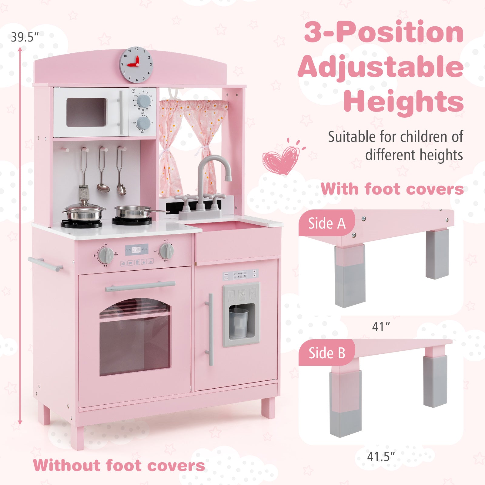 Play Kitchen for Kids Wooden Chef Pretend Playset with 3 Adjustable Heights Microwave