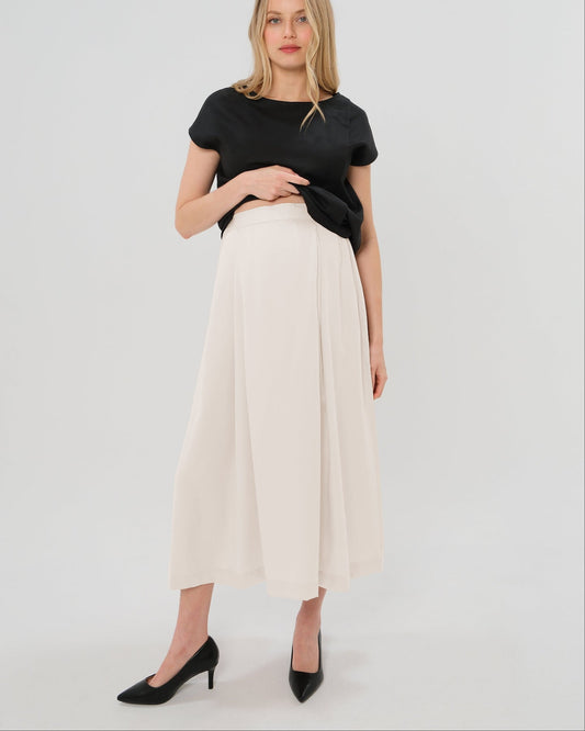 Over-Under Bump Pleated Maternity Maxi Skirt in Cream Satin - BIG FRENCHIES