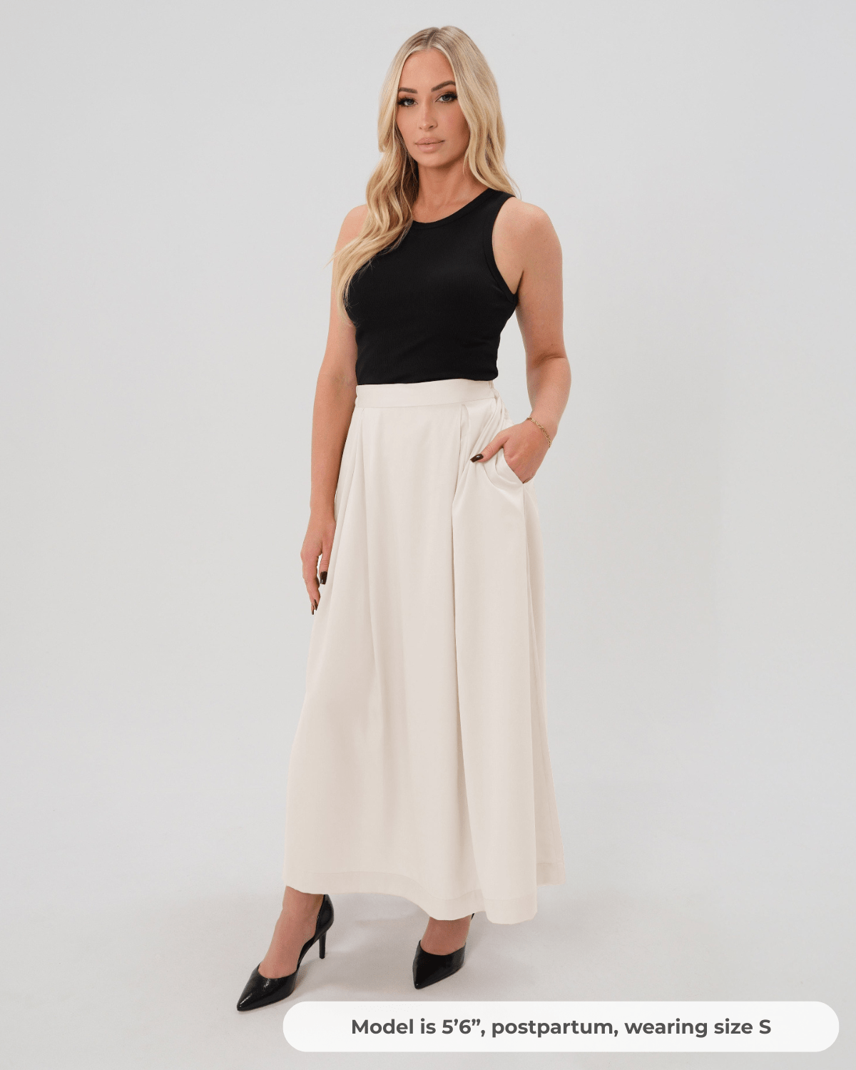 Over-Under Bump Pleated Maternity Maxi Skirt in Cream Satin - BIG FRENCHIES