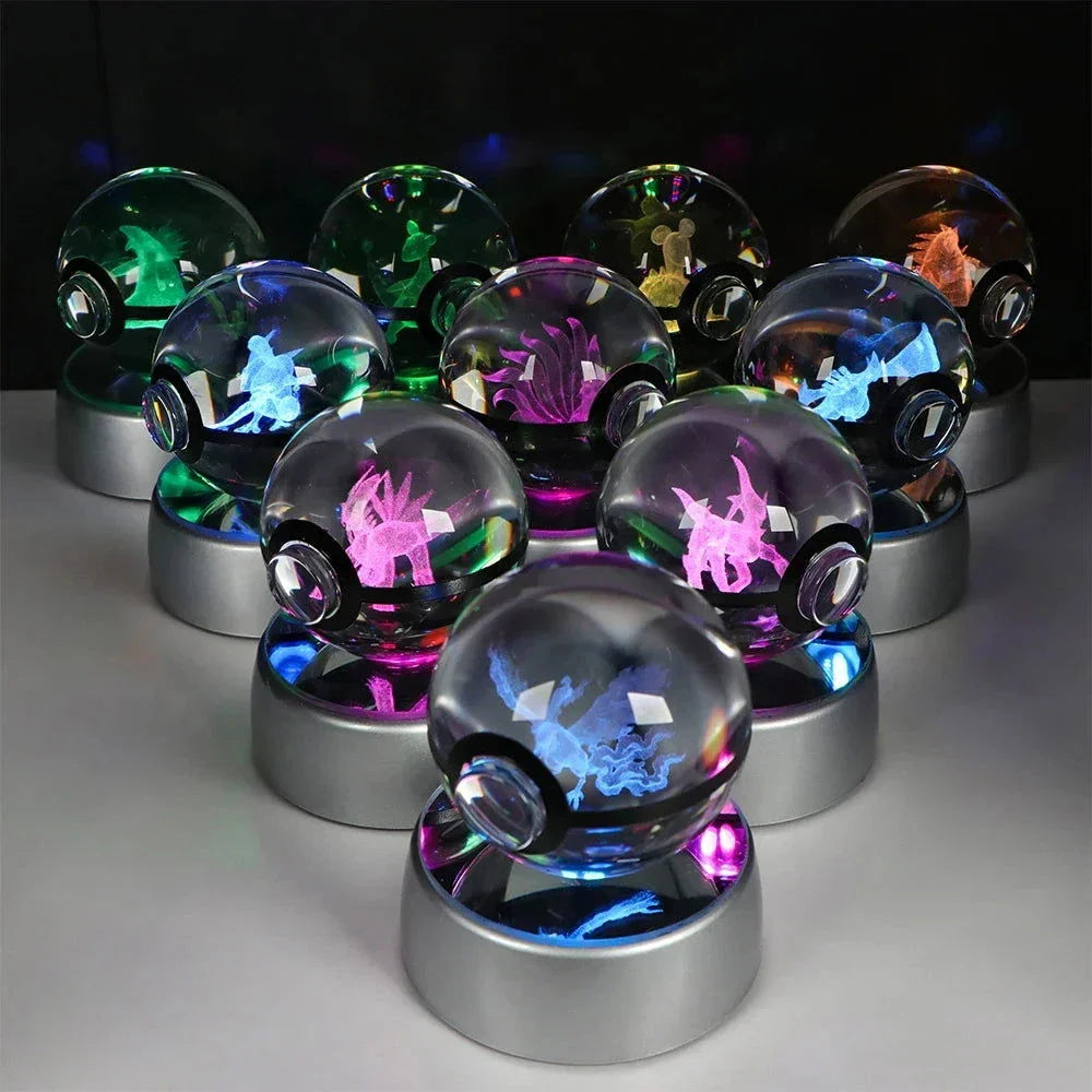 Pokemon 3D Crystal Ball Pikachu Gengar Eevee Mewtwo Anime Pokeball with Led Night Light Base