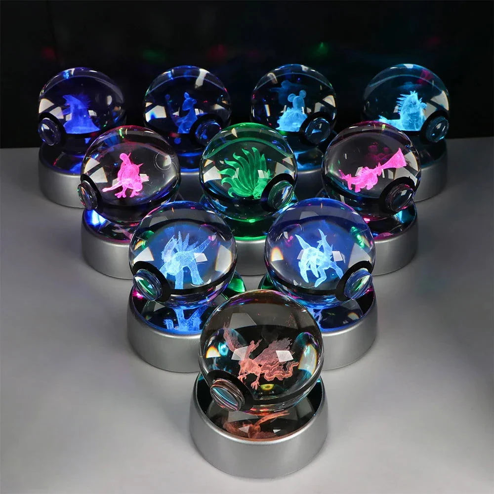 Pokemon 3D Crystal Ball Pikachu Gengar Eevee Mewtwo Anime Pokeball with Led Night Light Base
