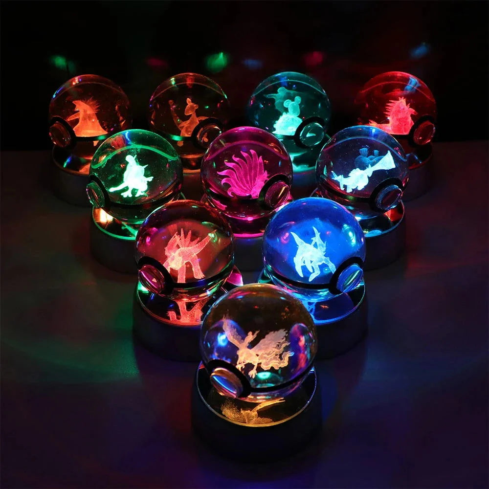 Pokemon 3D Crystal Ball Pikachu Gengar Eevee Mewtwo Anime Pokeball with Led Night Light Base