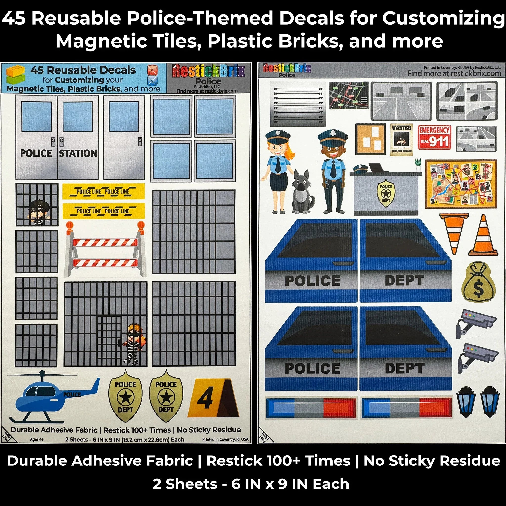 Police: Reusable Decals for Customizing Magnetic Tiles, Plastic Bricks, and more - BIG FRENCHIES