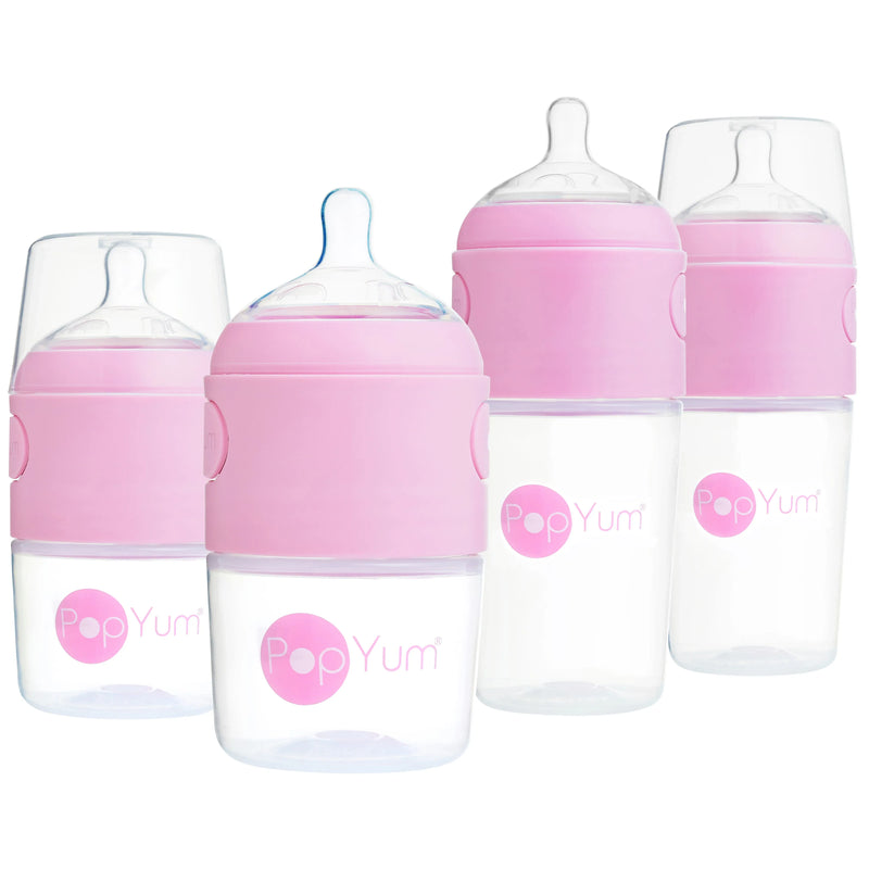 PopYum Baby Bottle Starter Set for Breast and Formula Feeding, 4-Pack, Pink, 2x 5oz Bottles (150ml) + 2x 9oz Bottles (260ml) - BIG FRENCHIES
