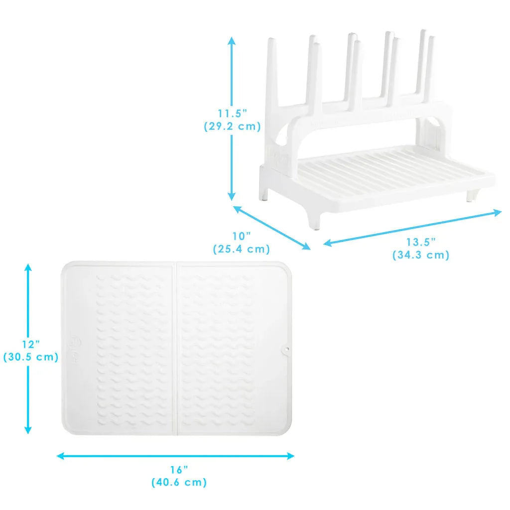 PopYum Glacier White Drying Rack from 100% Recycled Bottles with Silicone Drying Mat, countertop for Baby Bottles, Plastic Bags, Cups, Compact - BIG FRENCHIES