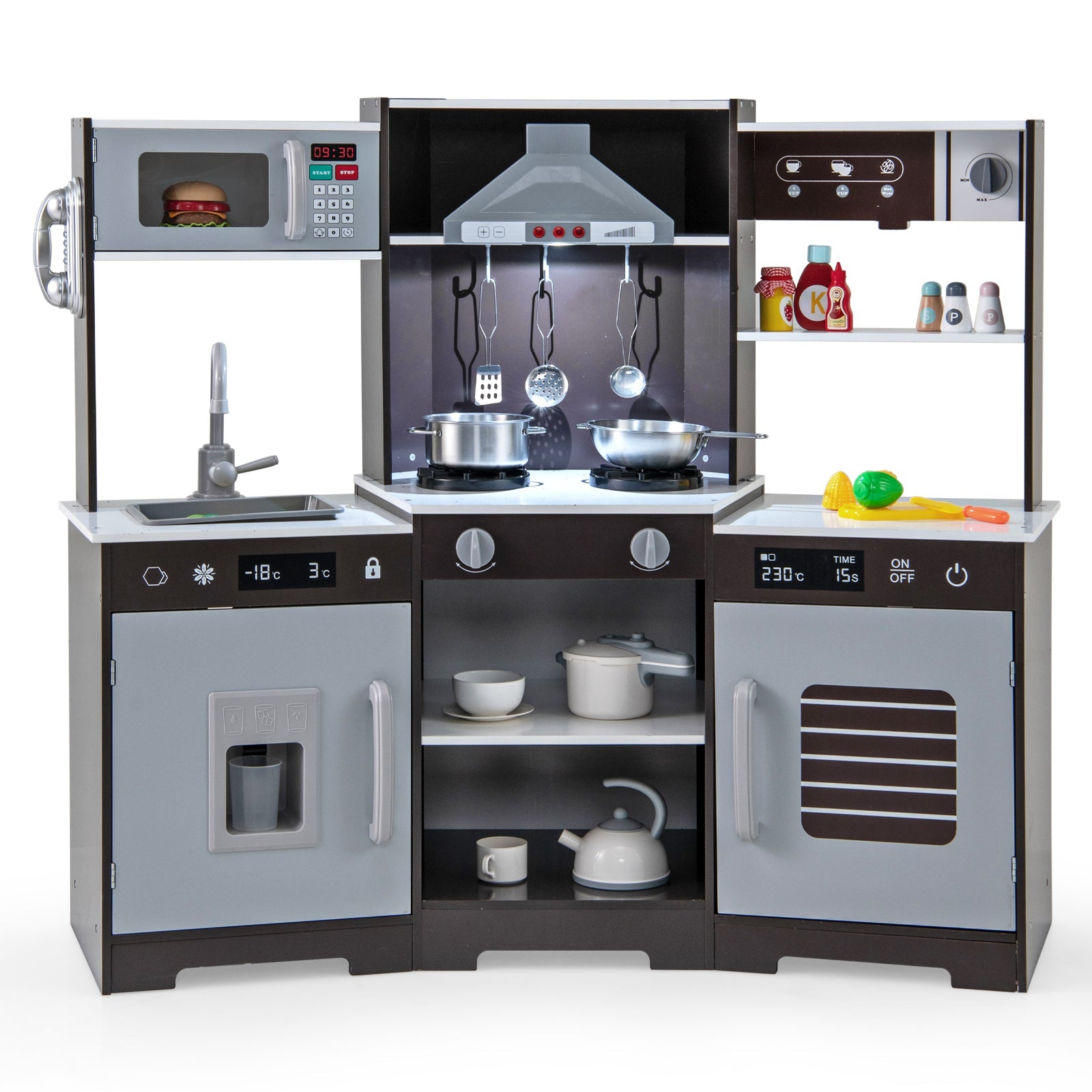 Pretend Play Kitchen Wooden Toy Set with Range Hood Real Sounds and Lights