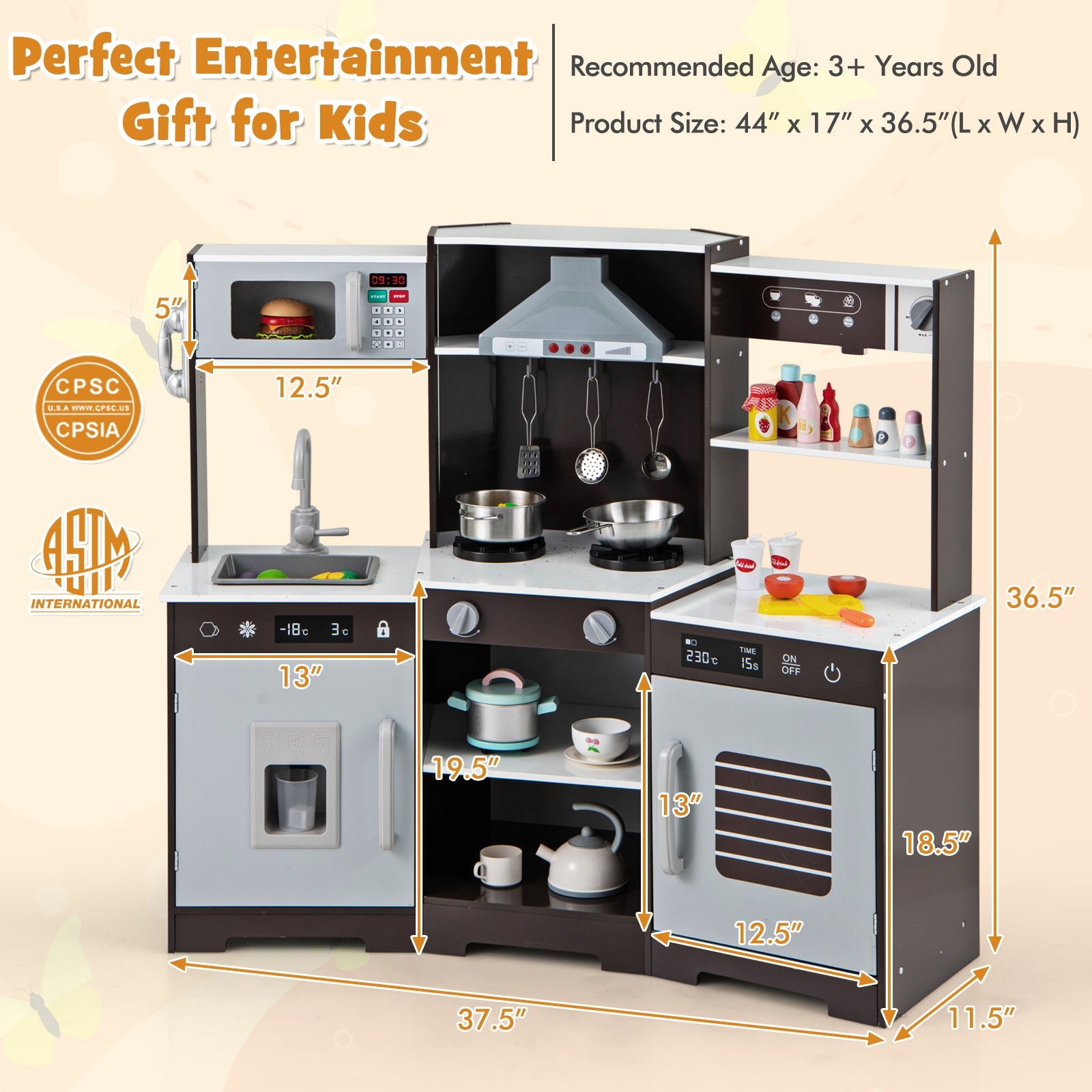 Pretend Play Kitchen Wooden Toy Set with Range Hood Real Sounds and Lights