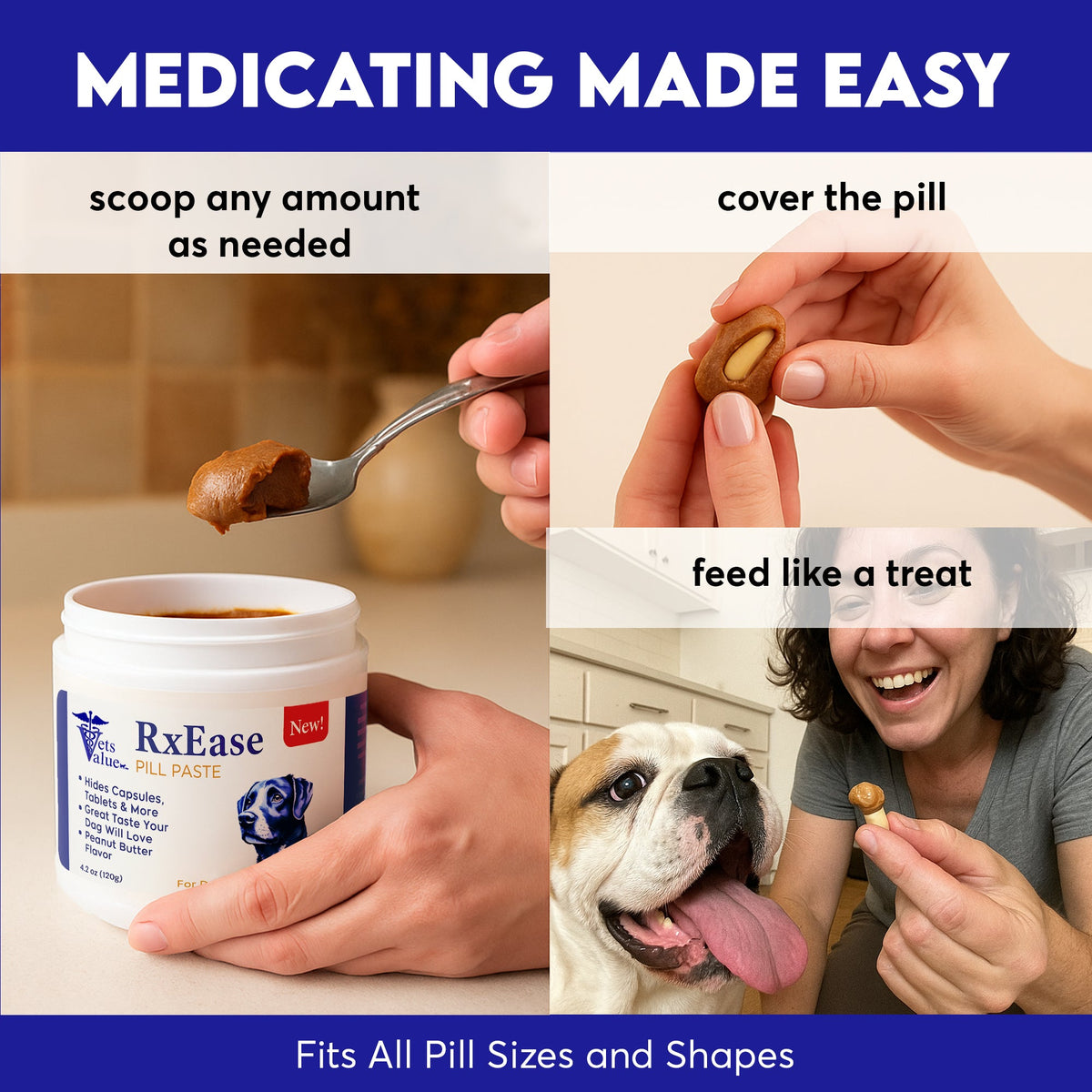 RxEase Pill Paste for Dogs – 4.2 oz Peanut Butter Flavor – Hides Capsules, Tablets & More – Easy-to-Mold Medication Treat for Dogs – Great-Tasting Dog Pill Wrap Paste