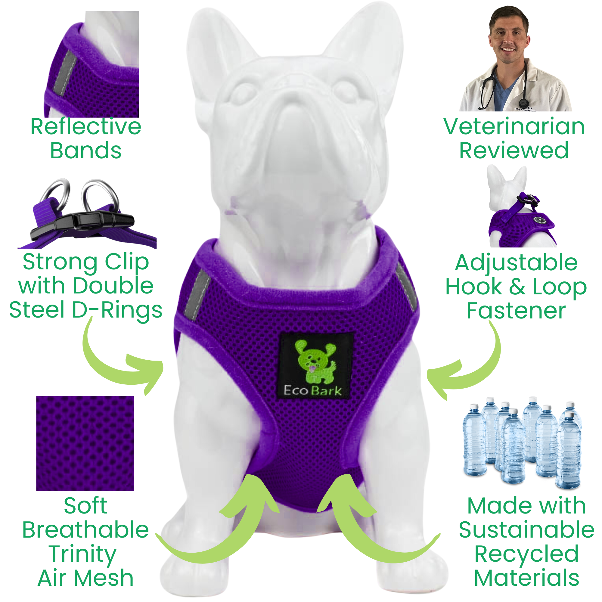 EcoBark Purple Step In Dog Harness - Rapid Fastener Reflective Soft Mesh Dog Vest Halter for Small Dogs and Puppies - BIG FRENCHIES