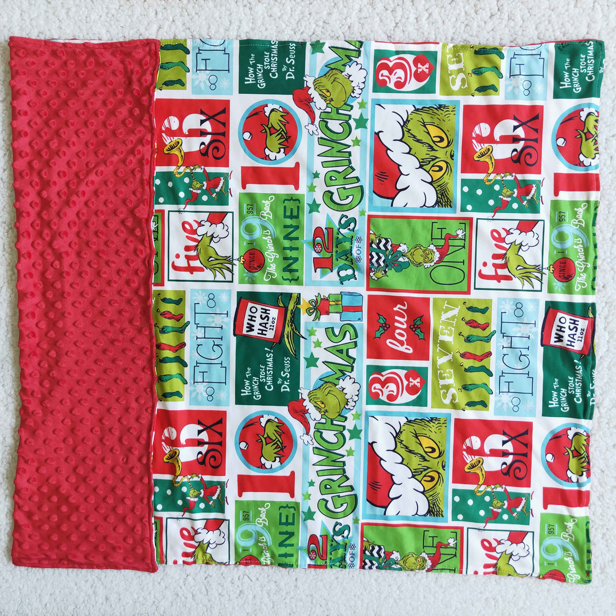 Print and red minky green face Christmas blankets - BIG FRENCHIES