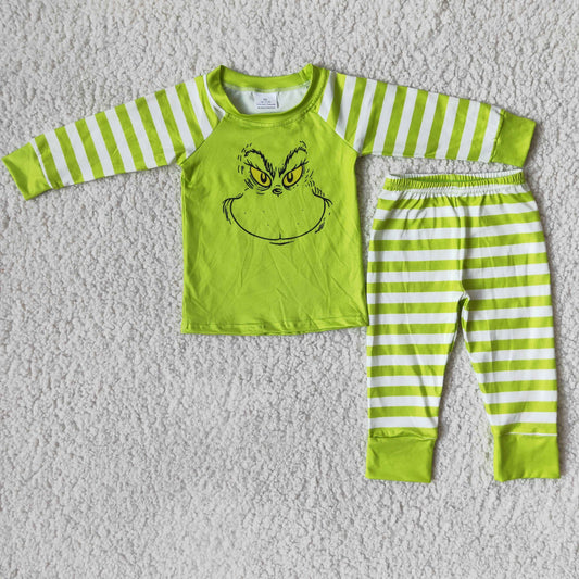 Green face screen print shirt stripe boy Christmas pajamas - BIG FRENCHIES