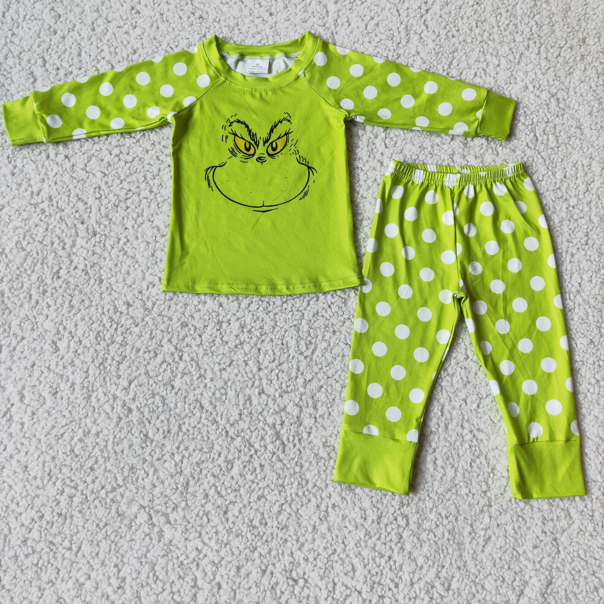 Green face screen print polka dots girls Christmas pajamas - BIG FRENCHIES