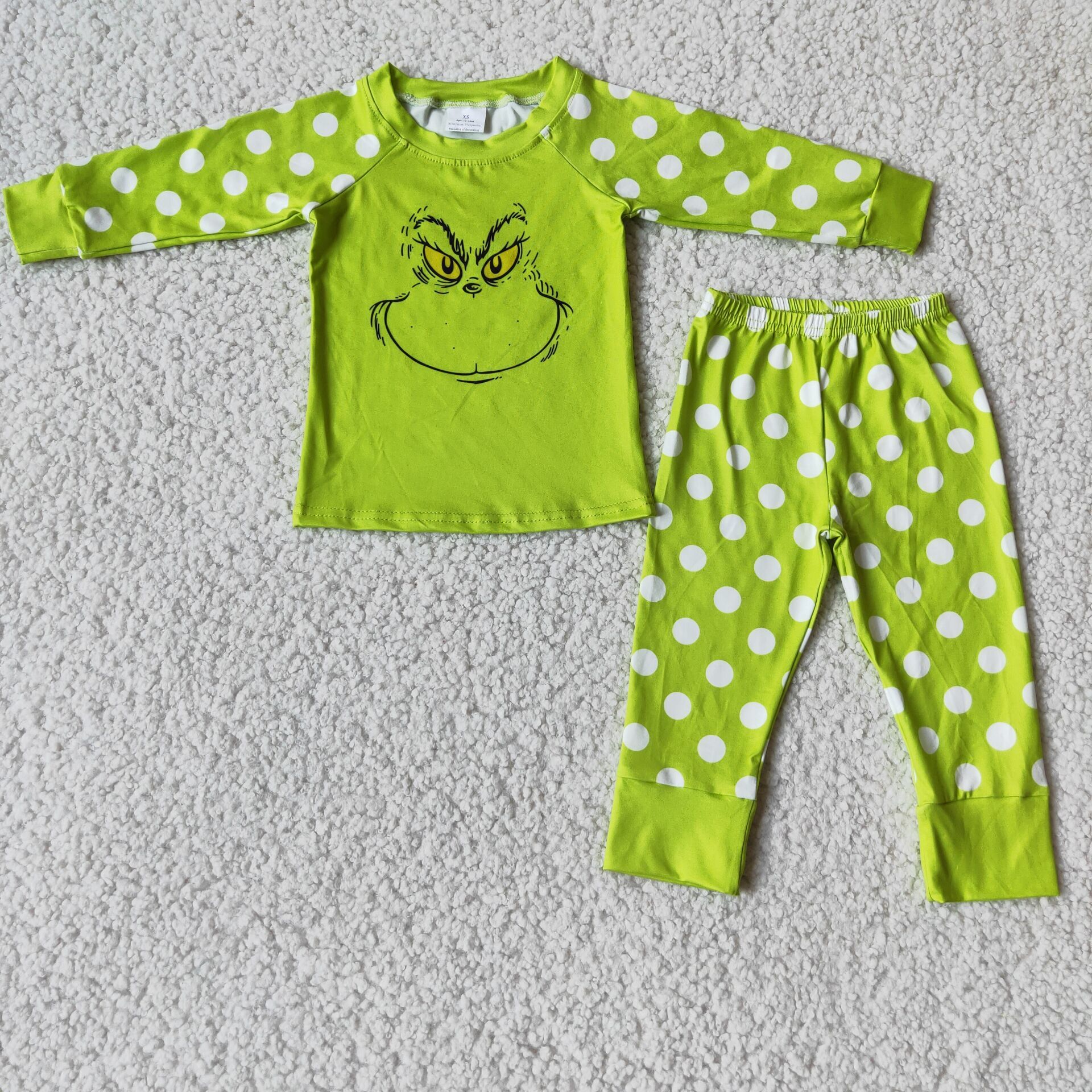 Green face screen print polka dots girls Christmas pajamas - BIG FRENCHIES