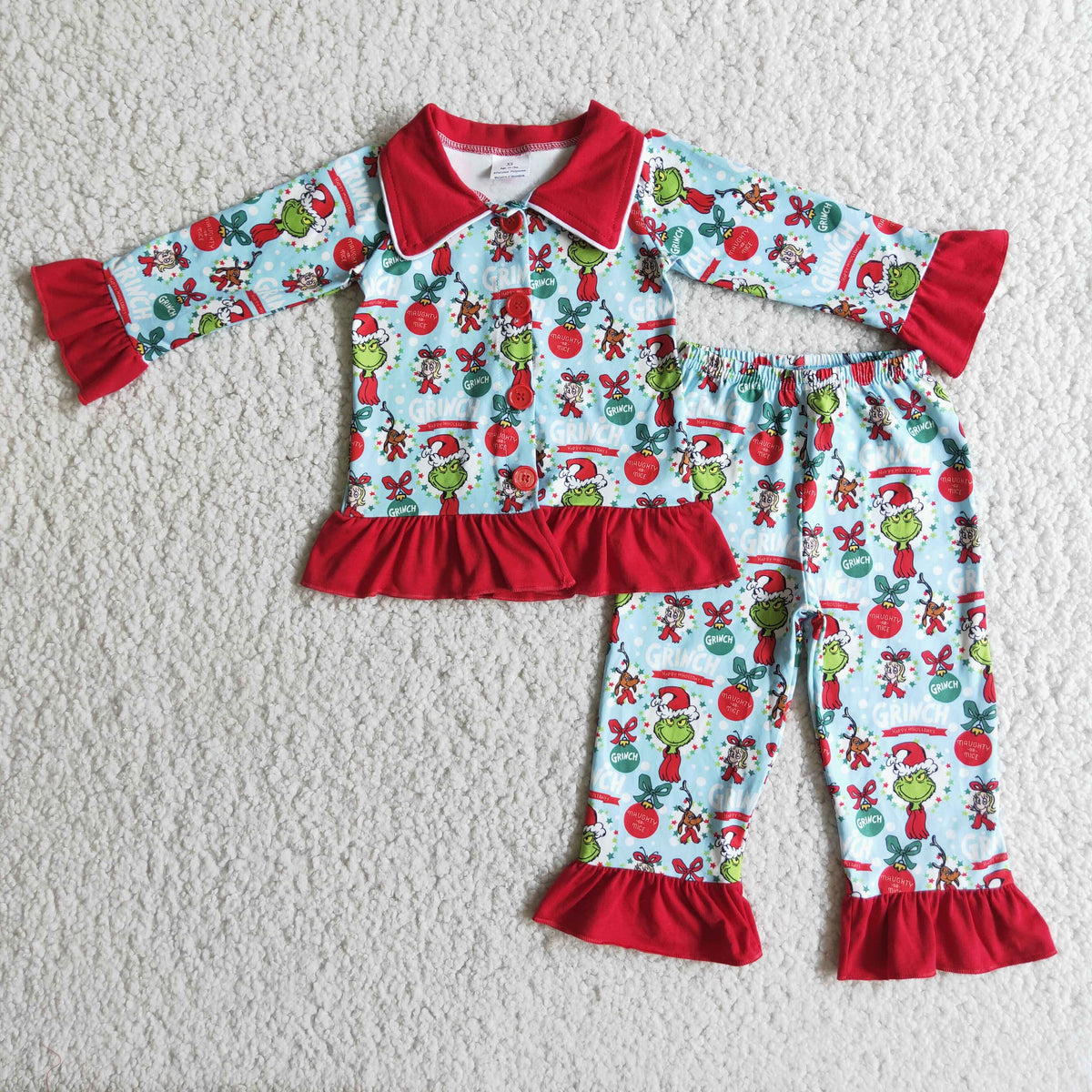 Blue green face print long sleeve Chrismtas pajamas - BIG FRENCHIES