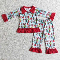 Blue green face print long sleeve Chrismtas pajamas - BIG FRENCHIES