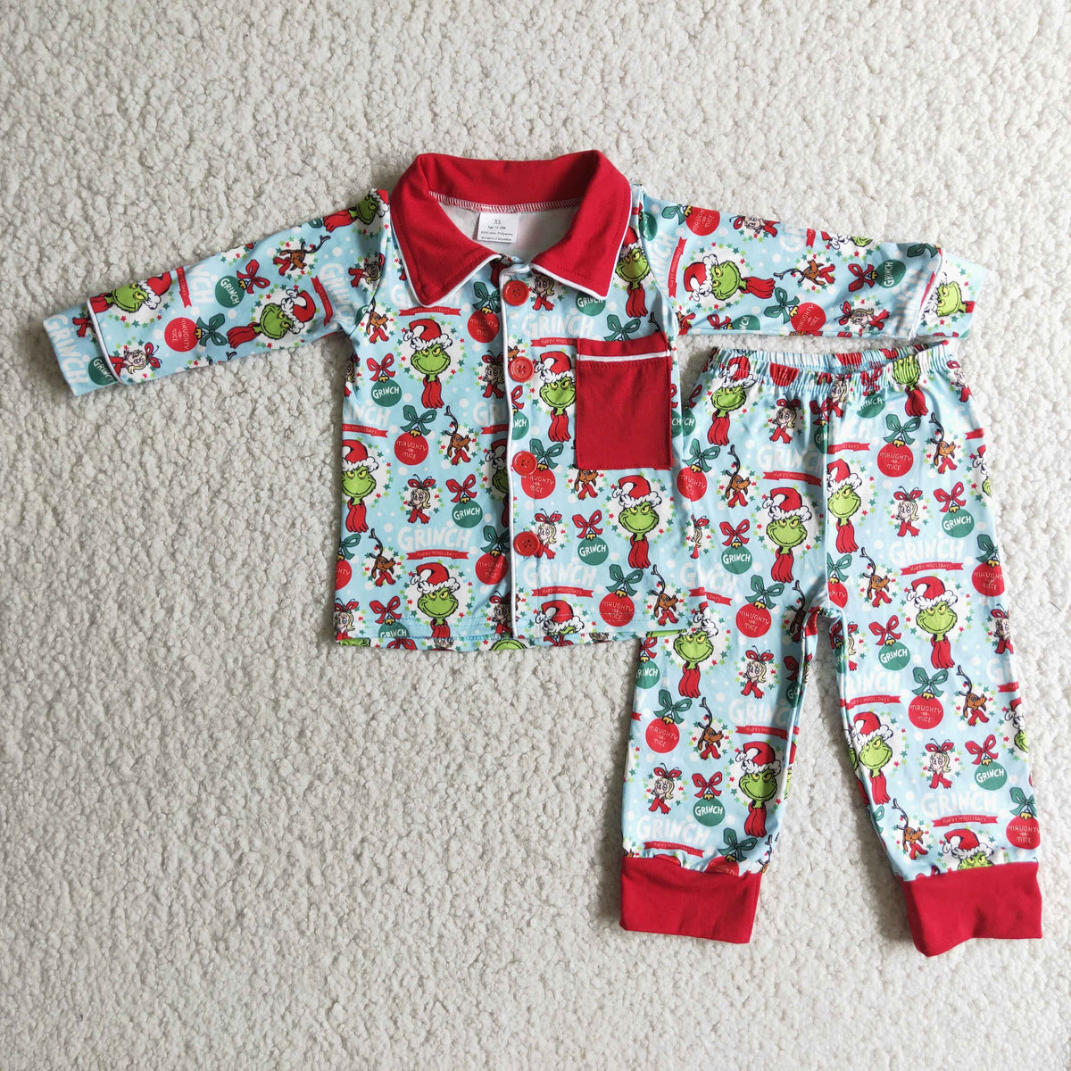 Blue green face print pocket boy Christmas pajamas - BIG FRENCHIES