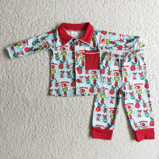Blue green face print pocket boy Christmas pajamas - BIG FRENCHIES
