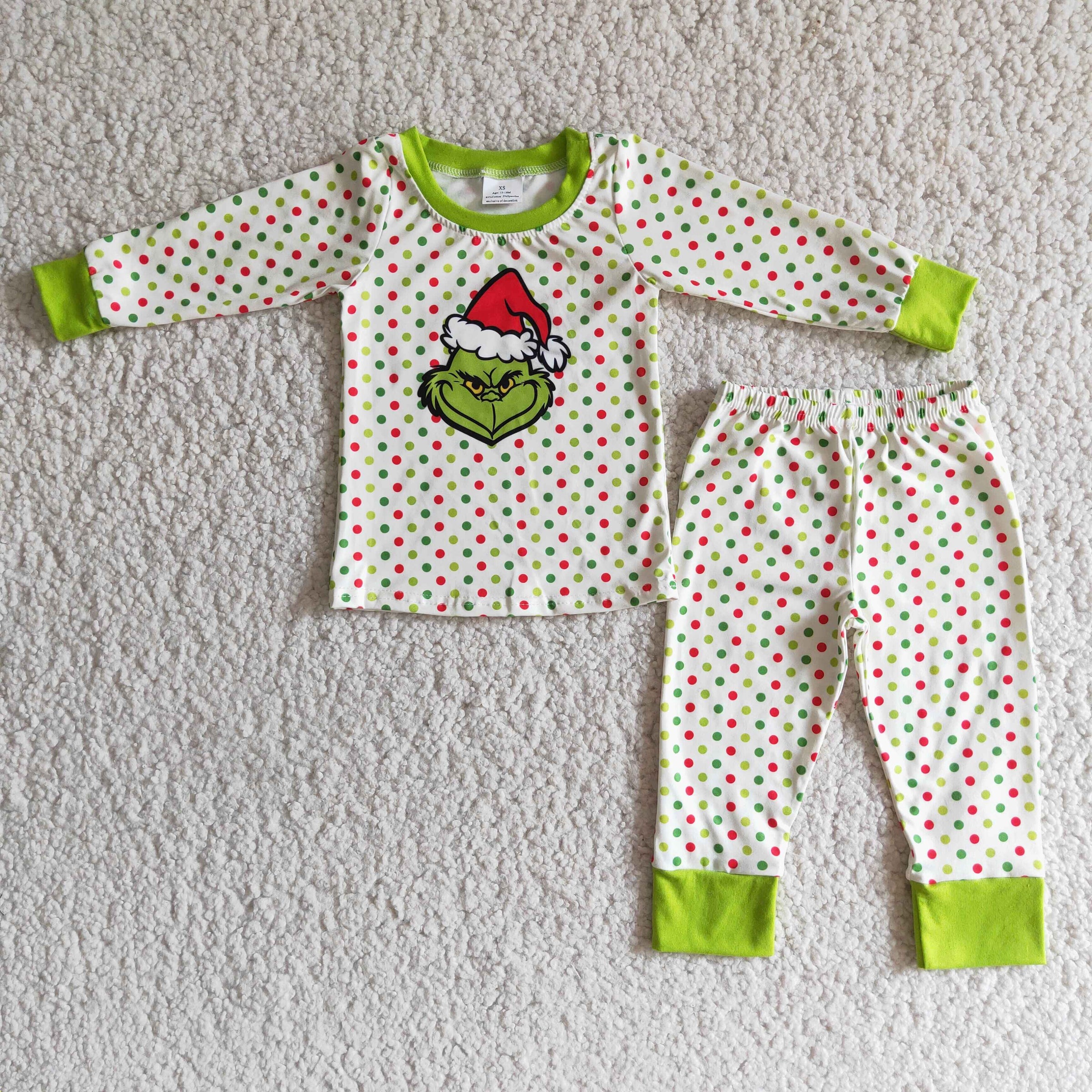 Polka dots long sleeve green face boy Christmas pajamas - BIG FRENCHIES