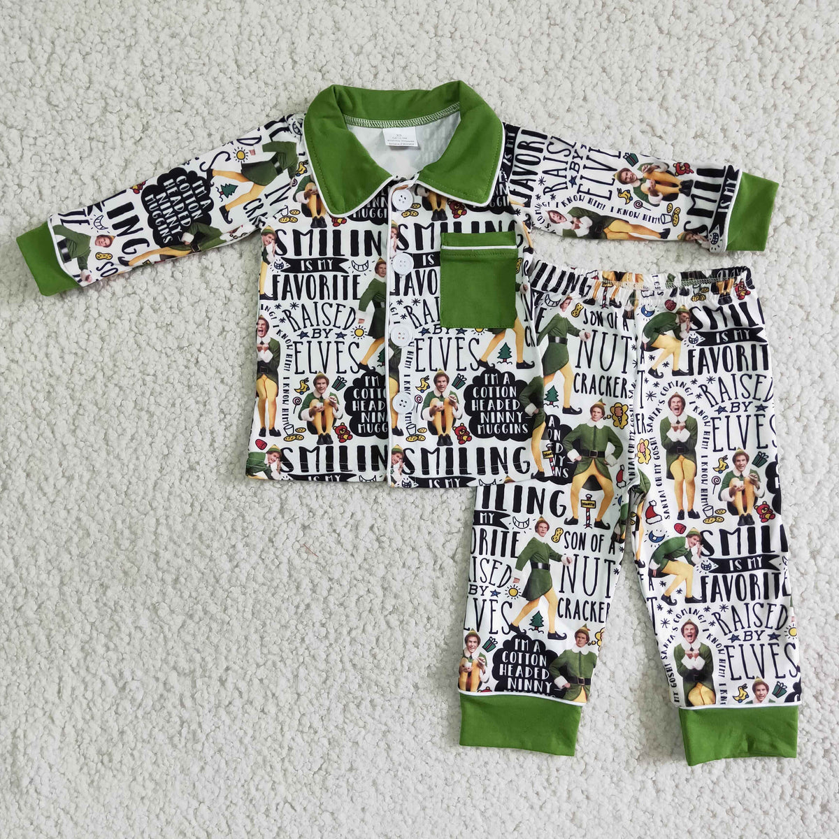 Green long sleeve pocket naughty and nice boy Christmas pajamas - BIG FRENCHIES