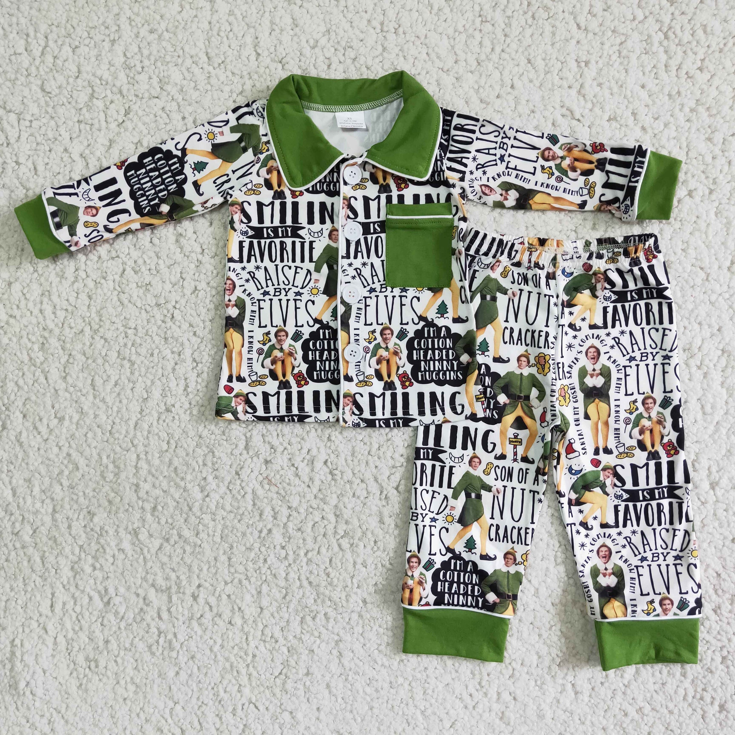 Green long sleeve pocket naughty and nice boy Christmas pajamas - BIG FRENCHIES