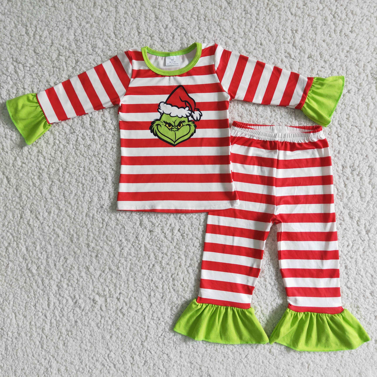 Red stripe green face girls Christmas pajamas - BIG FRENCHIES