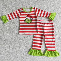 Red stripe green face girls Christmas pajamas - BIG FRENCHIES