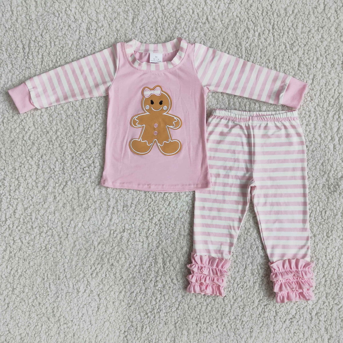 Pink gingerbread embroidery stripe girls Christmas pajamas - BIG FRENCHIES