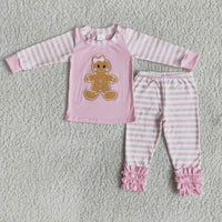 Pink gingerbread embroidery stripe girls Christmas pajamas - BIG FRENCHIES