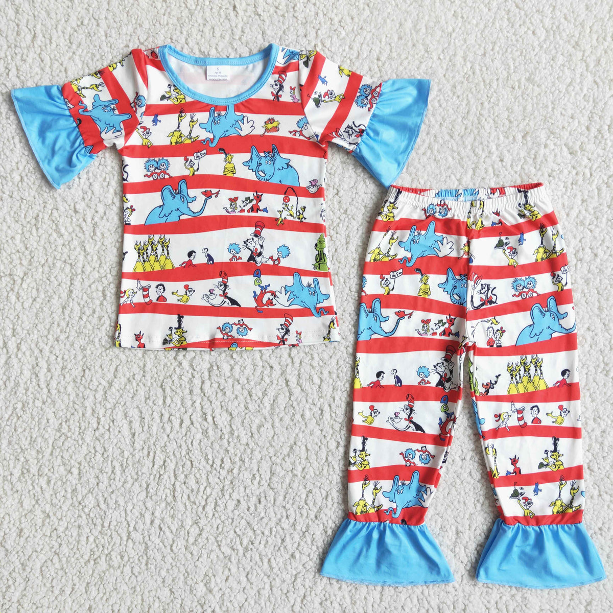 Blue cat ruffle short sleeve baby girls pajamas - BIG FRENCHIES